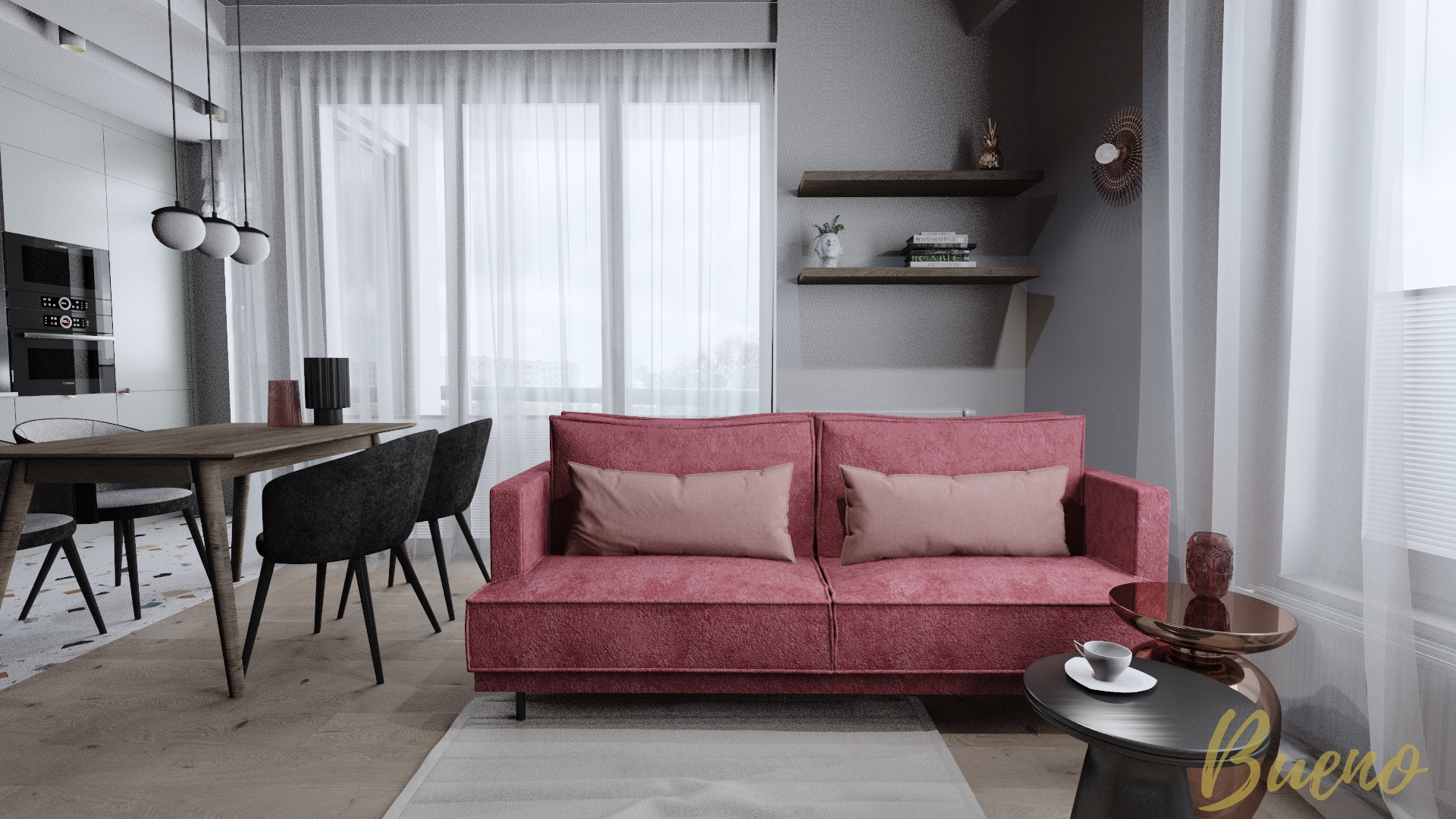 różowa bordowa sofa mieszkanie salon